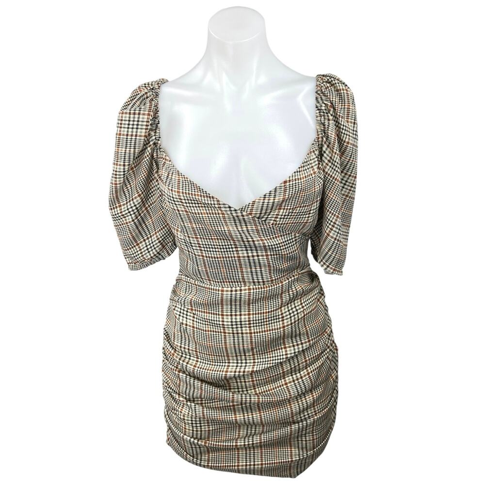 NEW Missguided Brown Checkered Plaid Puff Sleeve Ruched Mini Bodycon Dress Sz 4
